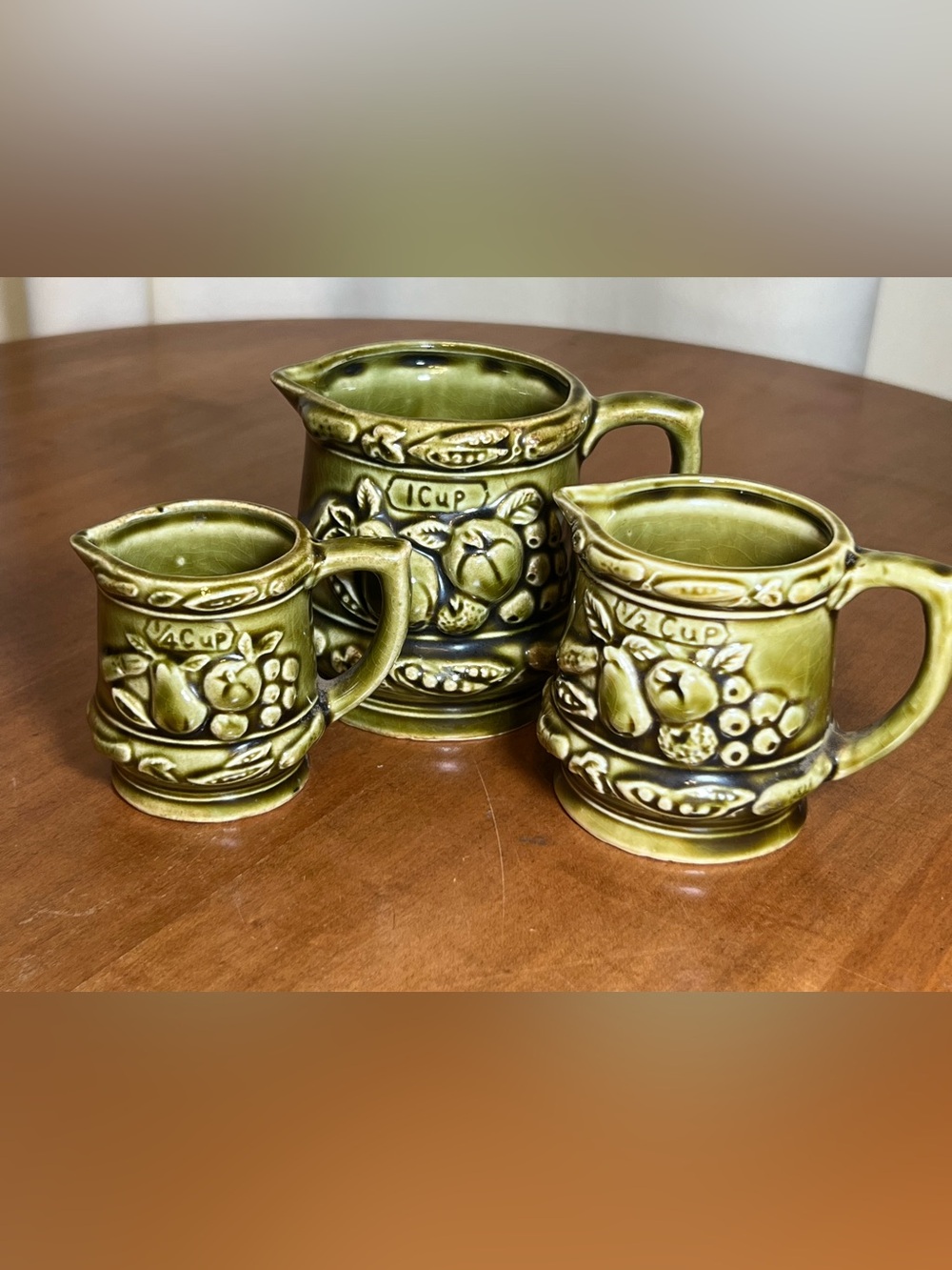 Vintage Avocado Green Glaze Ceramic Measuring Cup Set - MCM